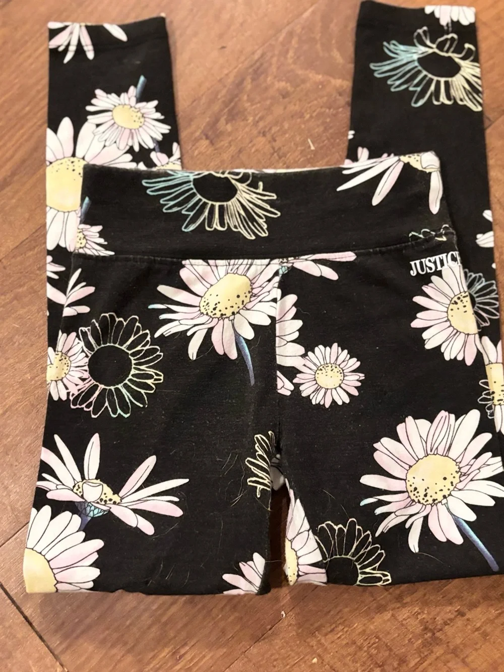 Justice Black Daisy Print Leggings with Pastel Accents